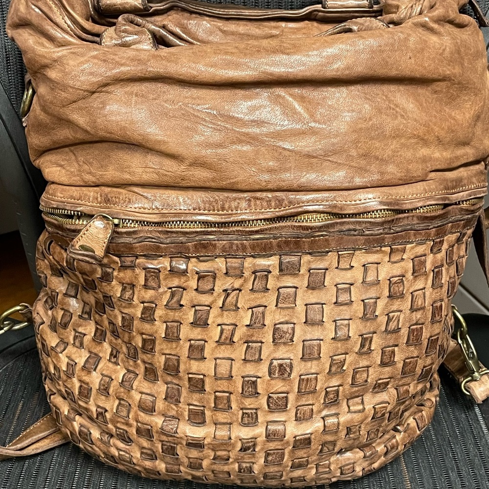 Langellotti Brown Vintage Distressed Woven Leather Convertible Backpack